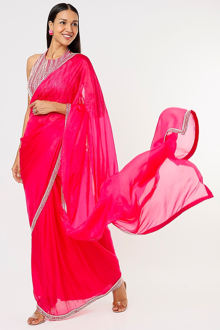 Hot Pink Silk Saree Set by MASUMI MEWAWALLA