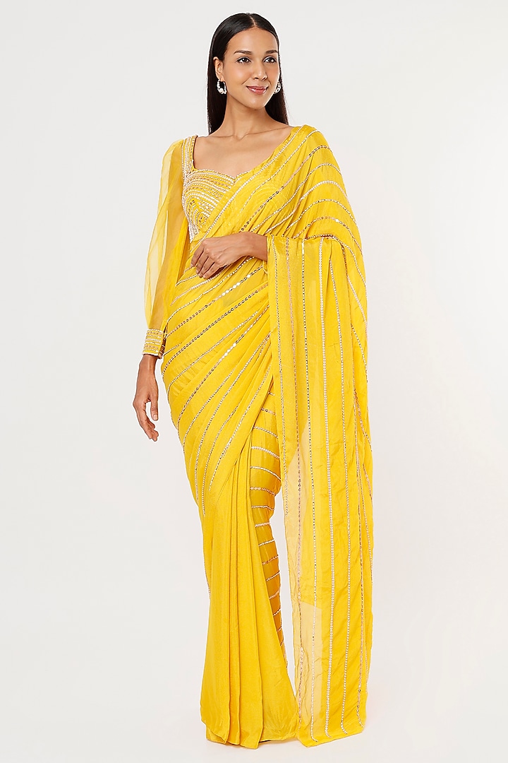 Yellow Embroidered Saree Set by Pink Peacock Couture