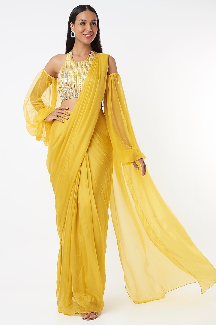 Yellow Embroidered Wedding Saree Set by MASUMI MEWAWALLA at Pernia's Pop Up Shop