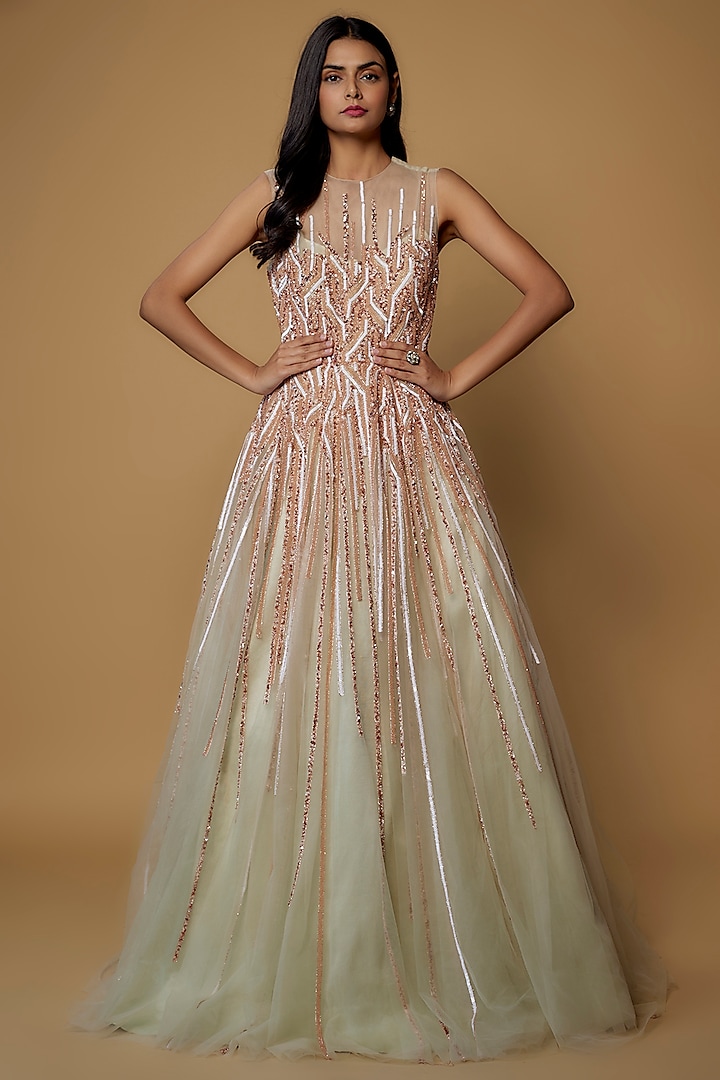 Sage Green Net Embroidered Gown by MASUMI MEWAWALLA