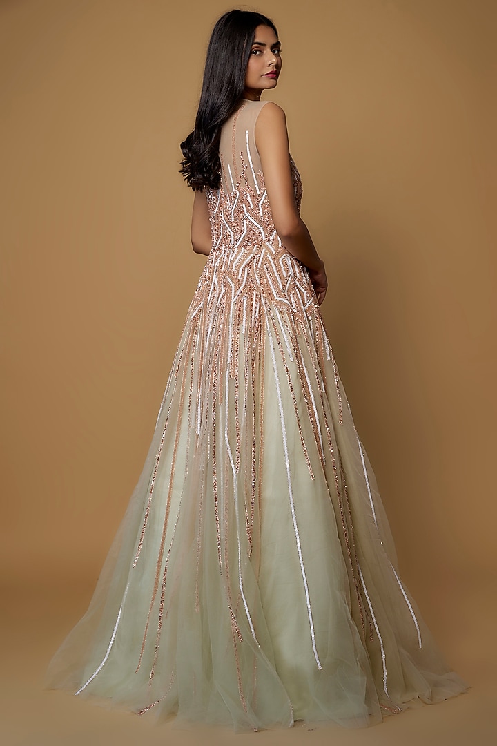 Sage Green Net Embroidered Wedding Gown by MASUMI MEWAWALLA at Pernia's Pop Up Shop
