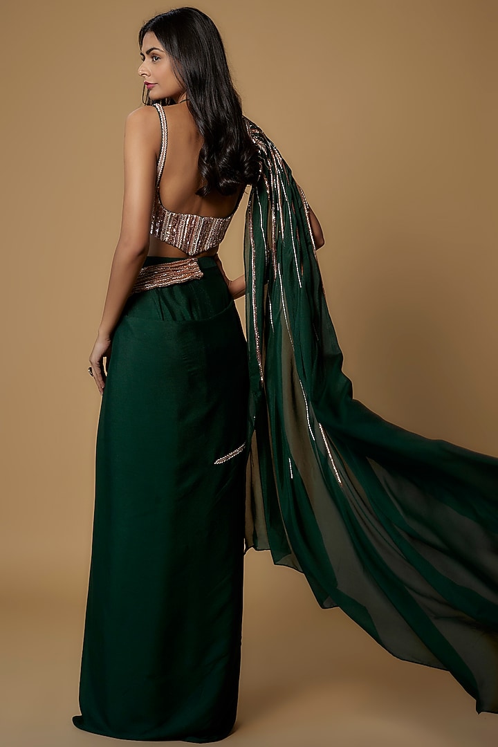 Bottle Green Crepe Embroidered Draped Wedding Saree Set by MASUMI MEWAWALLA at Pernia's Pop Up Shop