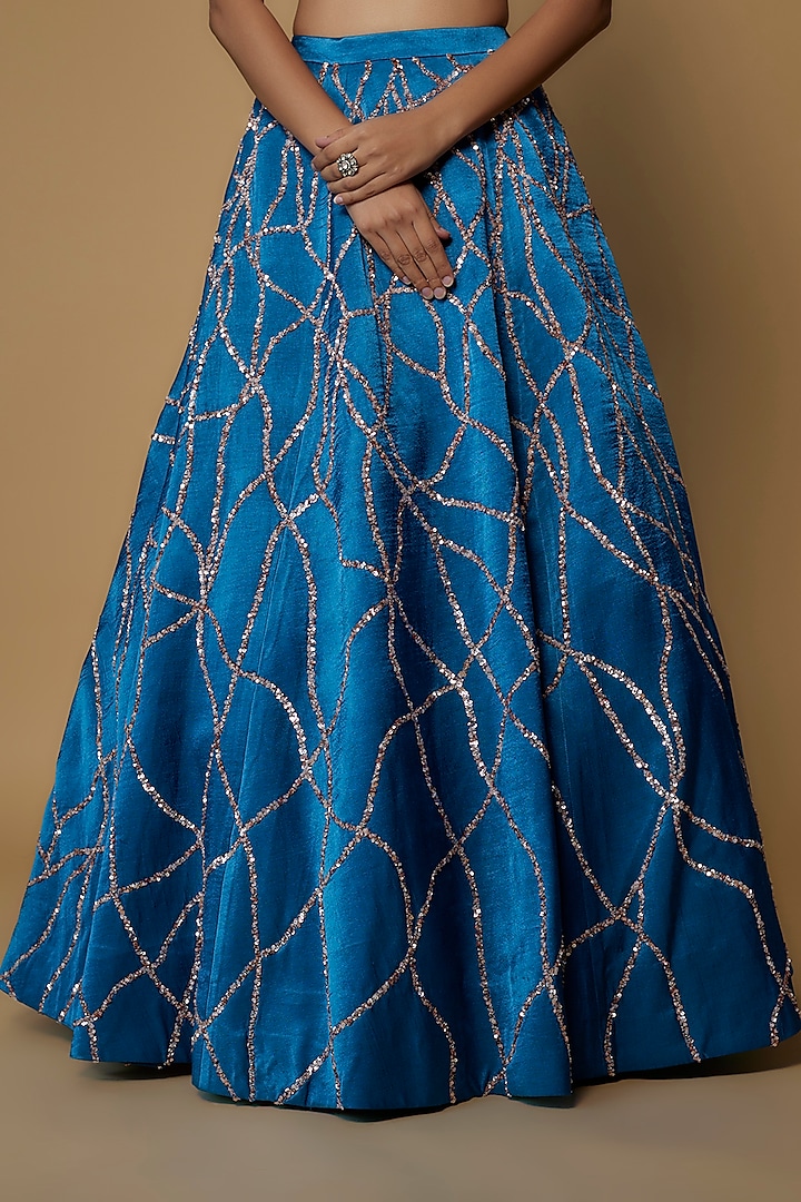 Turkey Blue Mushroom Silk Embroidered Wedding Lehenga Set by MASUMI MEWAWALLA at Pernia's Pop Up Shop