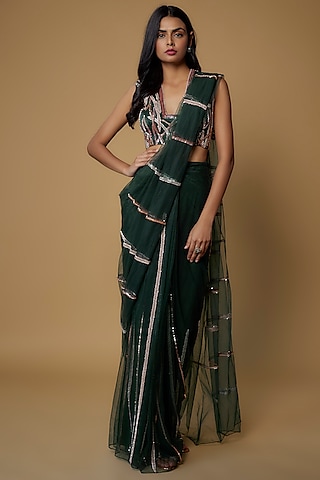 Bottle Green Net Embroidered Pre-Draped Saree Set by MASUMI MEWAWALLA