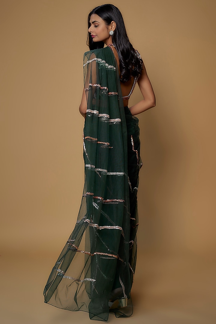 Bottle Green Net Embroidered Pre-Draped Wedding Saree Set by MASUMI MEWAWALLA at Pernia's Pop Up Shop