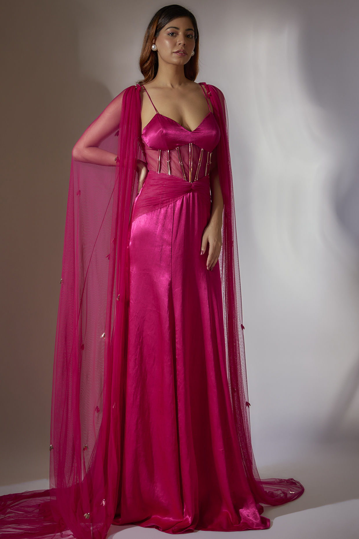 Hot Pink Mashru Silk Net Embroidered Corset Gown With Cape