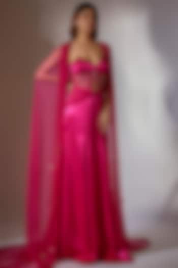 Hot Pink Mashru Silk & Net Embroidered Corset Gown With Cape by MASUMI MEWAWALLA