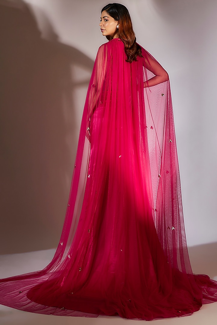 Hot Pink Mashru Silk & Net Embroidered Corset Gown With Cape Design by  MASUMI MEWAWALLA at Pernia's Pop Up Shop 2026