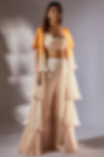 Beige & Mustard Ombre Satin Organza Jacket Set by MASUMI MEWAWALLA at Pernia's Pop Up Shop