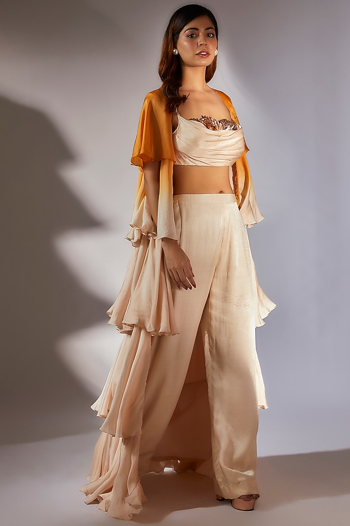 Beige & Mustard Ombre Satin Organza Jacket Set by MASUMI MEWAWALLA at Pernia's Pop Up Shop