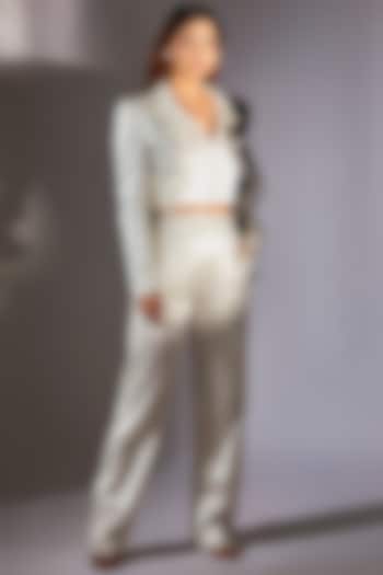 White Mashru Silk & Net Embroidered Blazer Set by MASUMI MEWAWALLA at Pernia's Pop Up Shop