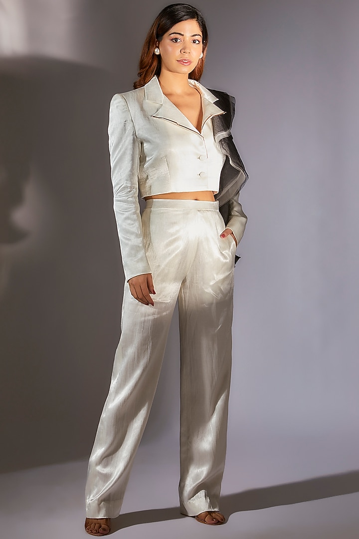 White Mashru Silk & Net Embroidered Blazer Set by MASUMI MEWAWALLA at Pernia's Pop Up Shop