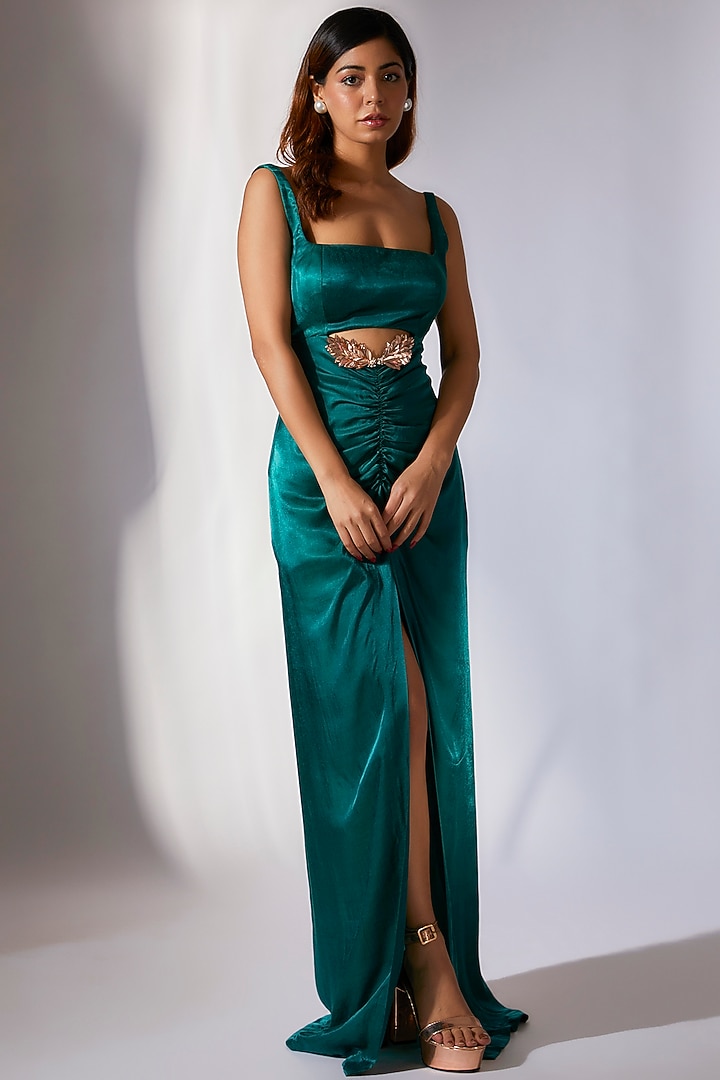 Teal Green Gajji Silk Embroidered Summer Dress by MASUMI MEWAWALLA at Pernia's Pop Up Shop