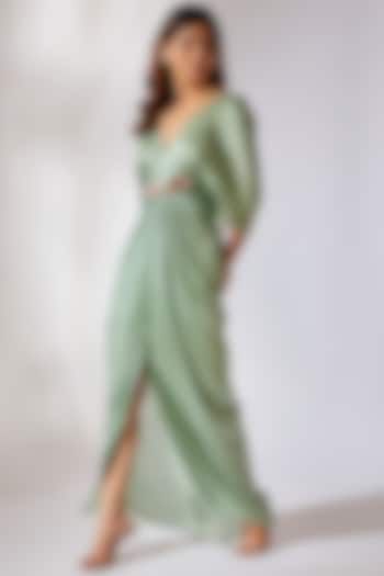 Sage Green Gajji Silk Embroidered Draped Summer Dress by MASUMI MEWAWALLA at Pernia's Pop Up Shop
