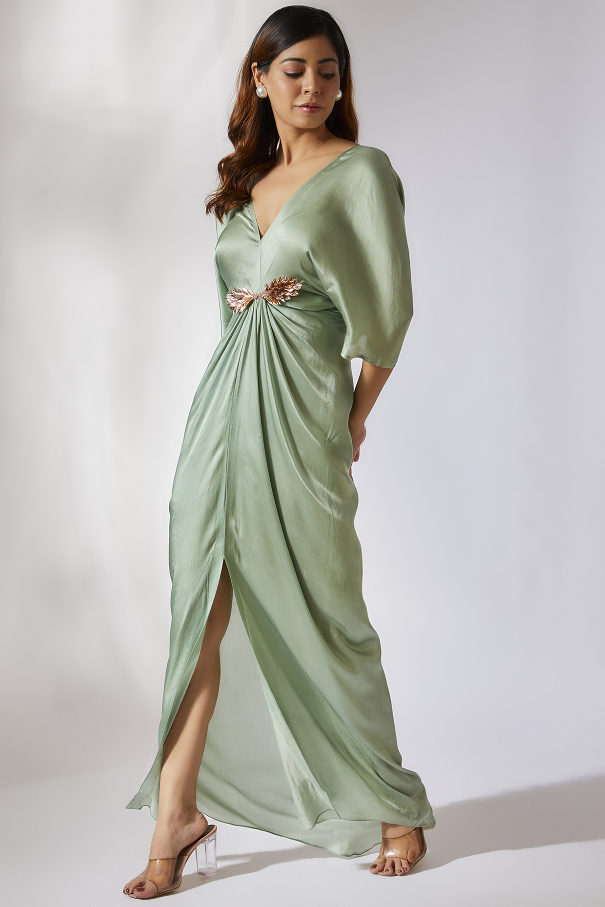 Sage Green Gajji Silk Embroidered Draped Summer Dress by MASUMI MEWAWALLA at Pernia's Pop Up Shop