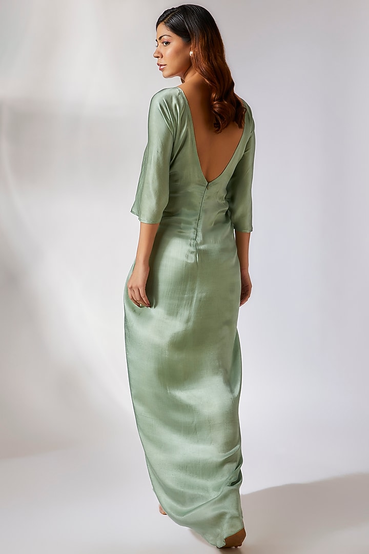 Sage Green Gajji Silk Embroidered Draped Summer Dress by MASUMI MEWAWALLA at Pernia's Pop Up Shop
