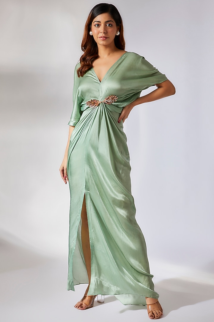 Sage Green Gajji Silk Embroidered Draped Summer Dress by MASUMI MEWAWALLA at Pernia's Pop Up Shop