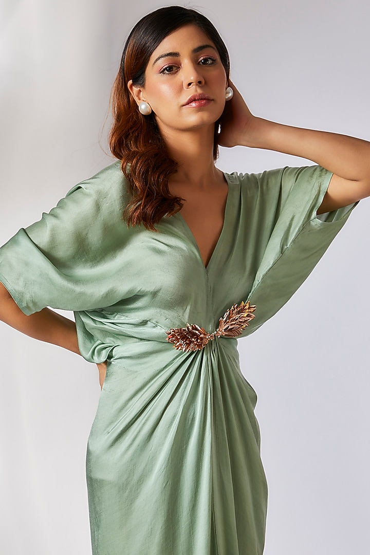 Sage Green Gajji Silk Embroidered Draped Summer Dress by MASUMI MEWAWALLA at Pernia's Pop Up Shop