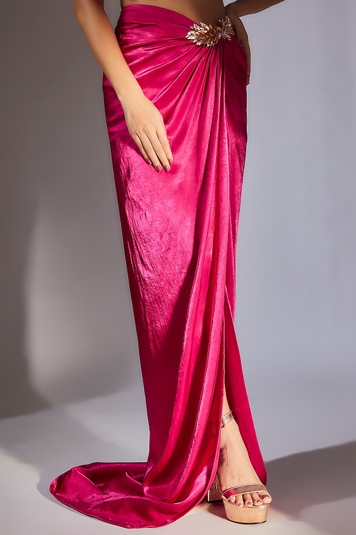 Hot Pink Mashru Silk Embroidered Draped Skirt Set by MASUMI MEWAWALLA at Pernia's Pop Up Shop