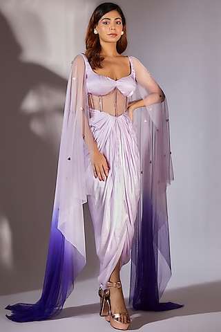 Lilac & Royal Blue Ombre Gajji Silk Embroidered Corset Dress by MASUMI MEWAWALLA