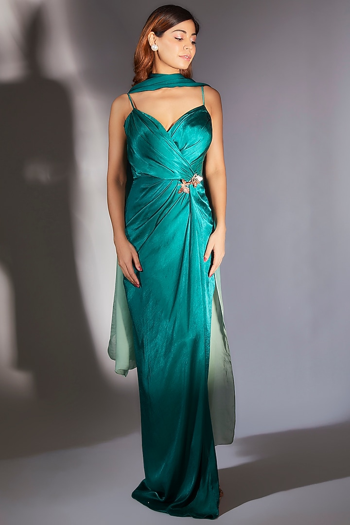 Teal Green Gajji Silk Embroidered Draped Vacation Dress With Scarf by MASUMI MEWAWALLA at Pernia's Pop Up Shop