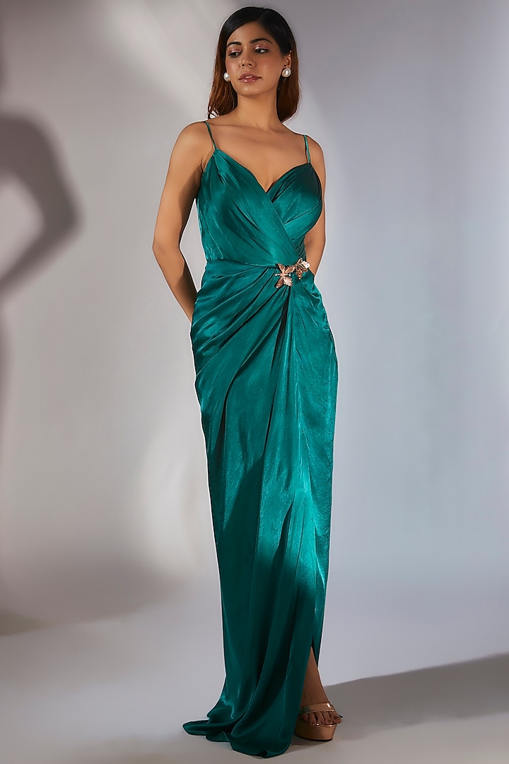 Teal Green Gajji Silk Embroidered Draped Vacation Dress With Scarf by MASUMI MEWAWALLA at Pernia's Pop Up Shop