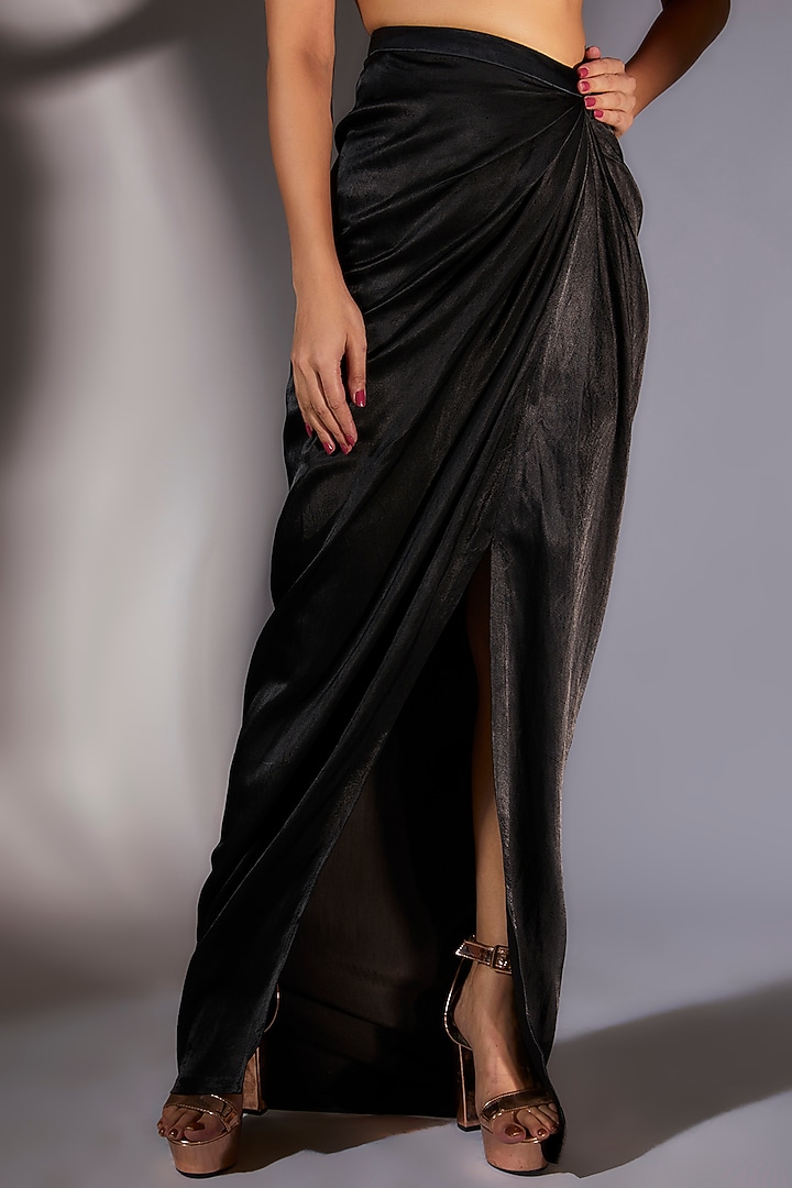 Black Mashru Silk Draped Skirt Set by MASUMI MEWAWALLA at Pernia's Pop Up Shop