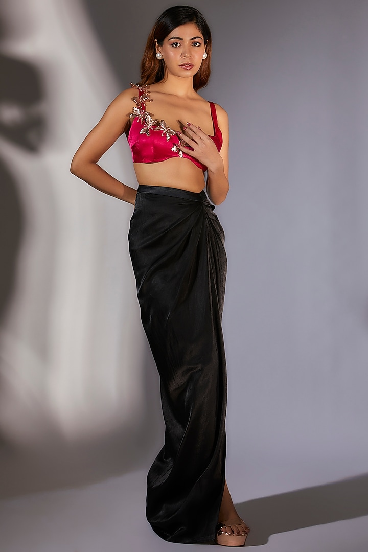 Black Mashru Silk Draped Skirt Set by MASUMI MEWAWALLA at Pernia's Pop Up Shop