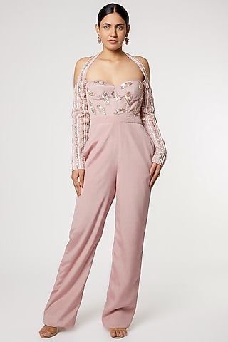 Blush Pink Aari Embroidered Jumpsuit by MASUMI MEWAWALLA