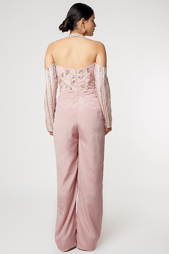 Blush Pink Aari Embroidered Jumpsuit by MASUMI MEWAWALLA at Pernia's Pop Up Shop