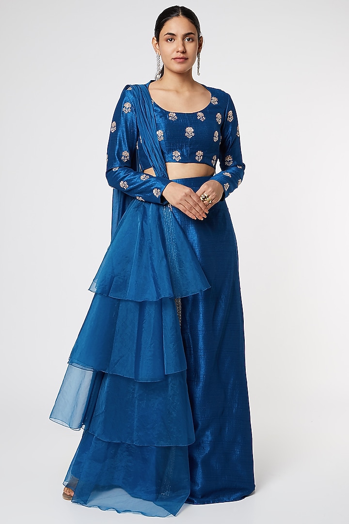Cobalt Blue Layered Skirt Set by MASUMI MEWAWALLA at Pernia's Pop Up Shop