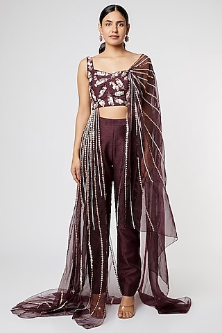 Wine Dupion & Organza Pant Set by MASUMI MEWAWALLA