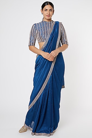 Cobalt Blue Dupion Saree Set by MASUMI MEWAWALLA