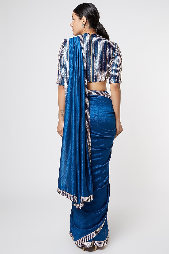 Cobalt Blue Dupion Wedding Saree Set by MASUMI MEWAWALLA at Pernia's Pop Up Shop