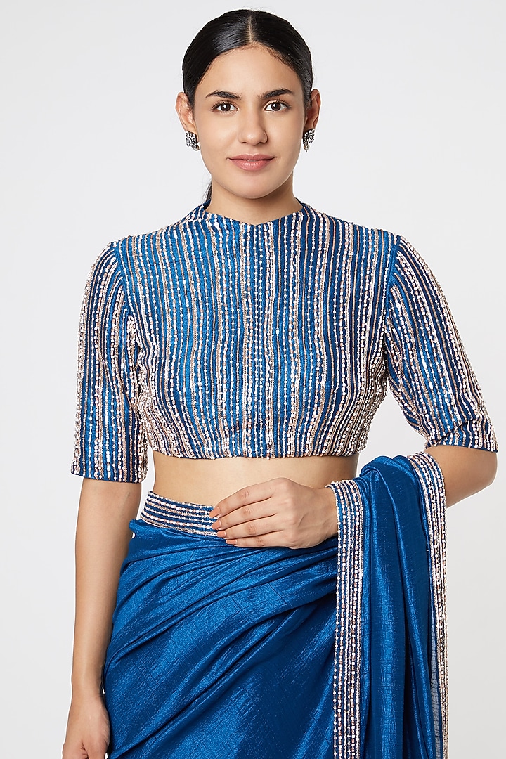 Cobalt Blue Dupion Wedding Saree Set by MASUMI MEWAWALLA at Pernia's Pop Up Shop