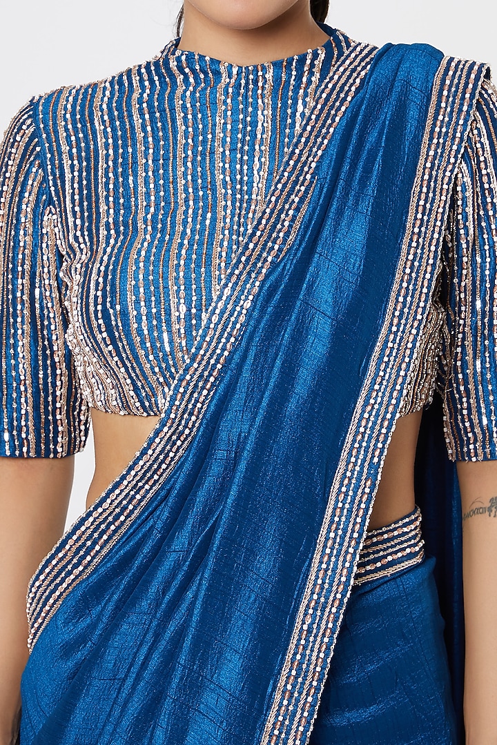 Cobalt Blue Dupion Wedding Saree Set by MASUMI MEWAWALLA at Pernia's Pop Up Shop