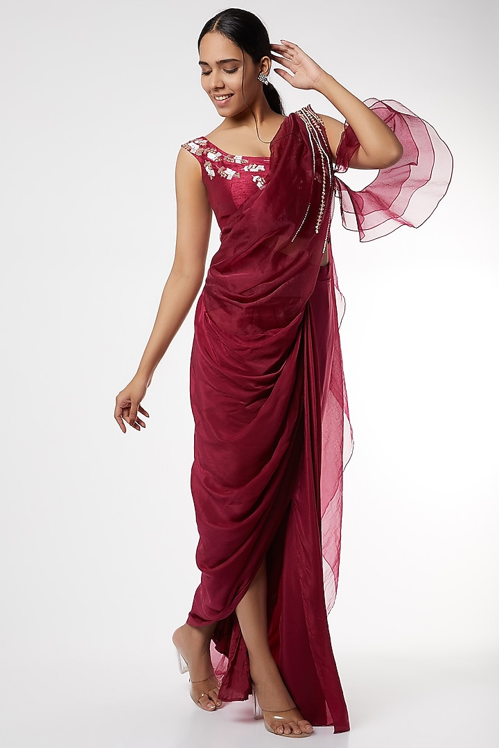 Wine Organza & Silk Draped Saree Set by MASUMI MEWAWALLA