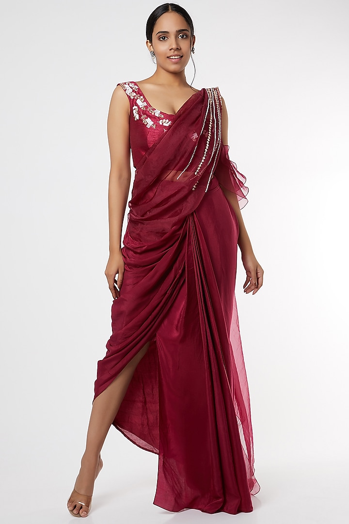 Wine Organza & Silk Draped Party Wear Saree Set by MASUMI MEWAWALLA at Pernia's Pop Up Shop