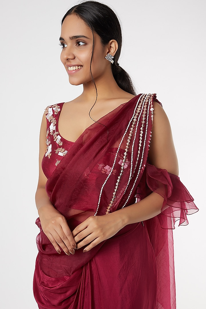 Wine Organza & Silk Draped Party Wear Saree Set by MASUMI MEWAWALLA at Pernia's Pop Up Shop