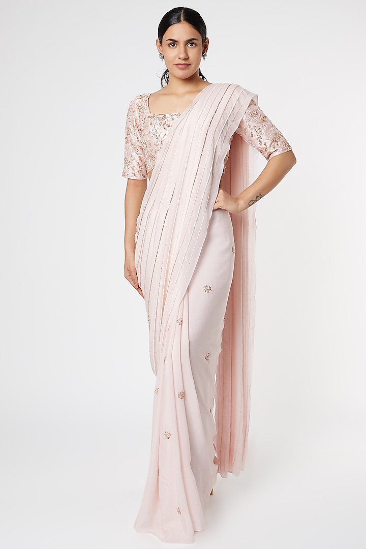Blush Pink Aari Embroidered Wedding Saree Set by MASUMI MEWAWALLA at Pernia's Pop Up Shop