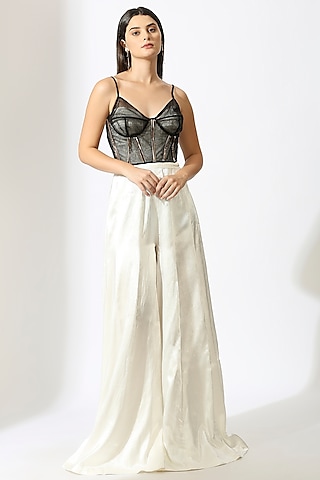 White Gajji Silk Strapless Jumpsuit by MASUMI MEWAWALLA