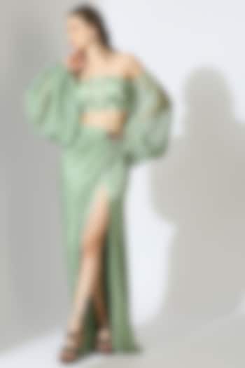 Sage Green Gajji Silk Draped Skirt Set by MASUMI MEWAWALLA
