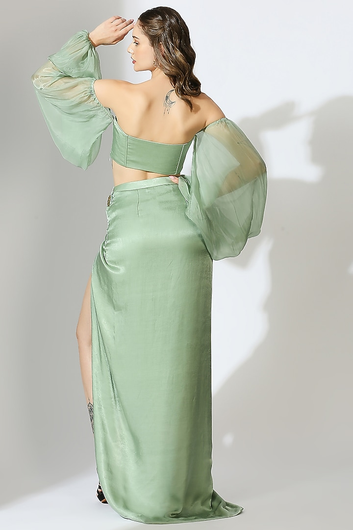 Sage Green Gajji Silk Draped Skirt Set by MASUMI MEWAWALLA at Pernia's Pop Up Shop