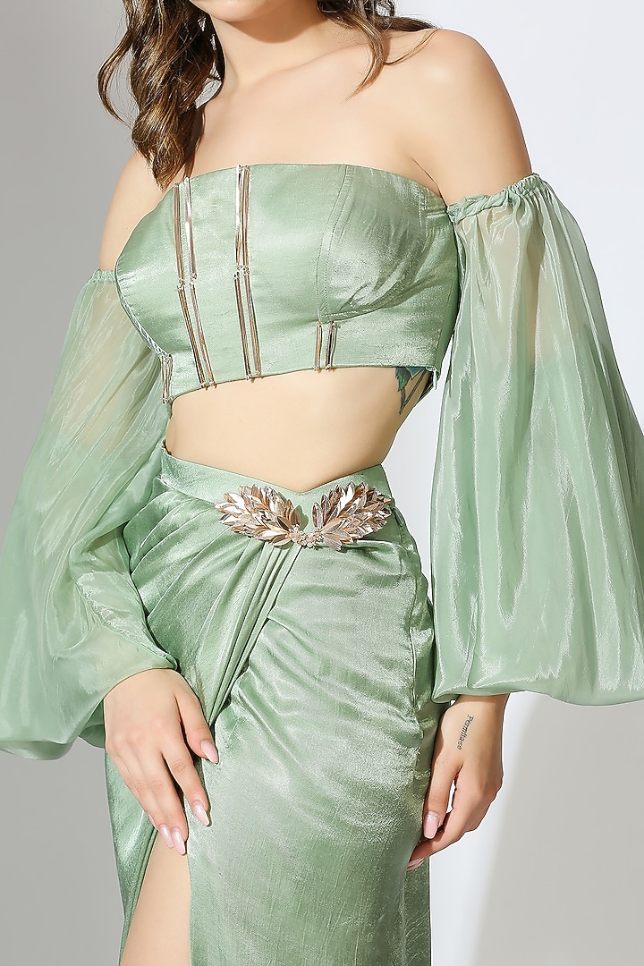 Sage Green Gajji Silk Draped Skirt Set by MASUMI MEWAWALLA at Pernia's Pop Up Shop