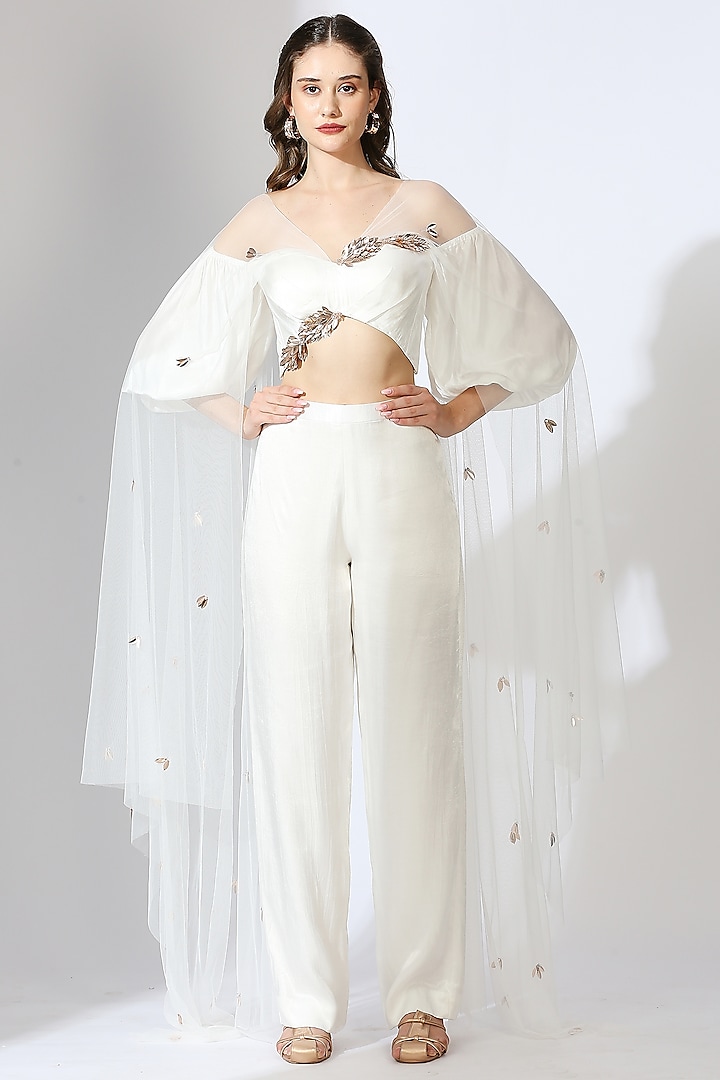 White Gajji Silk Embroidered Pant Set by MASUMI MEWAWALLA