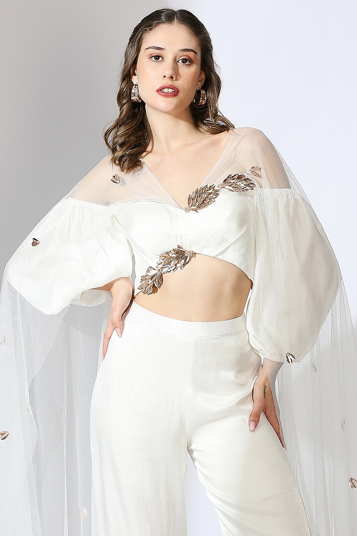 White Gajji Silk Embroidered Pant Set by MASUMI MEWAWALLA at Pernia's Pop Up Shop