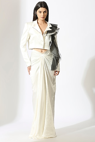 White Mashru Silk Draped Skirt Set by MASUMI MEWAWALLA