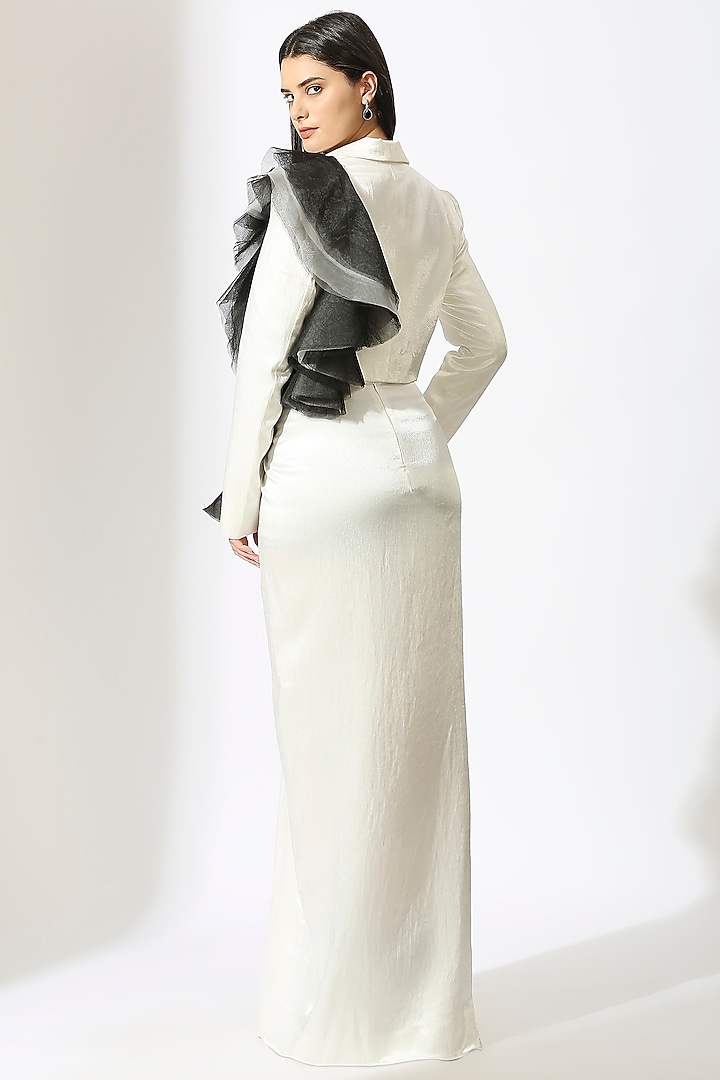 White Mashru Silk Draped Skirt Set by MASUMI MEWAWALLA at Pernia's Pop Up Shop