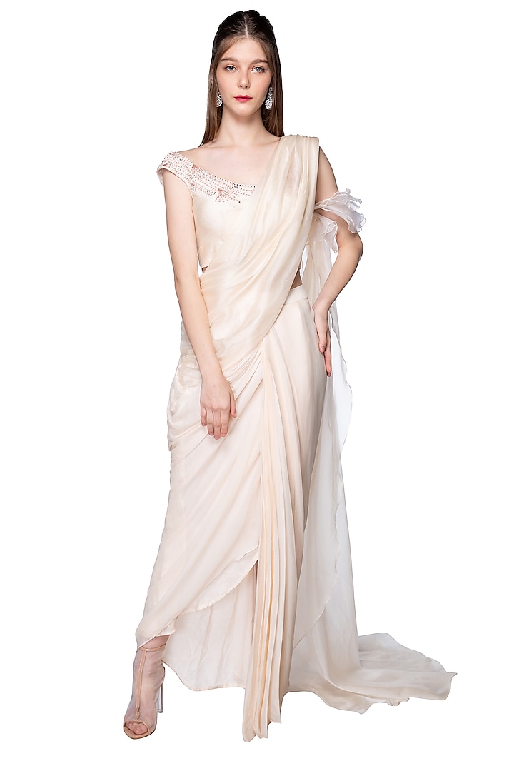 Cream Dupion & Organza Pleated Party Wear Saree Set by MASUMI MEWAWALLA at Pernia's Pop Up Shop
