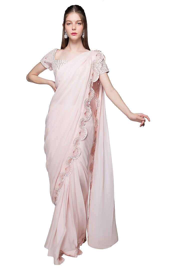 Baby Pink Dupion & Crepe Cutwork Embroidered Pleated  Set by MASUMI MEWAWALLA